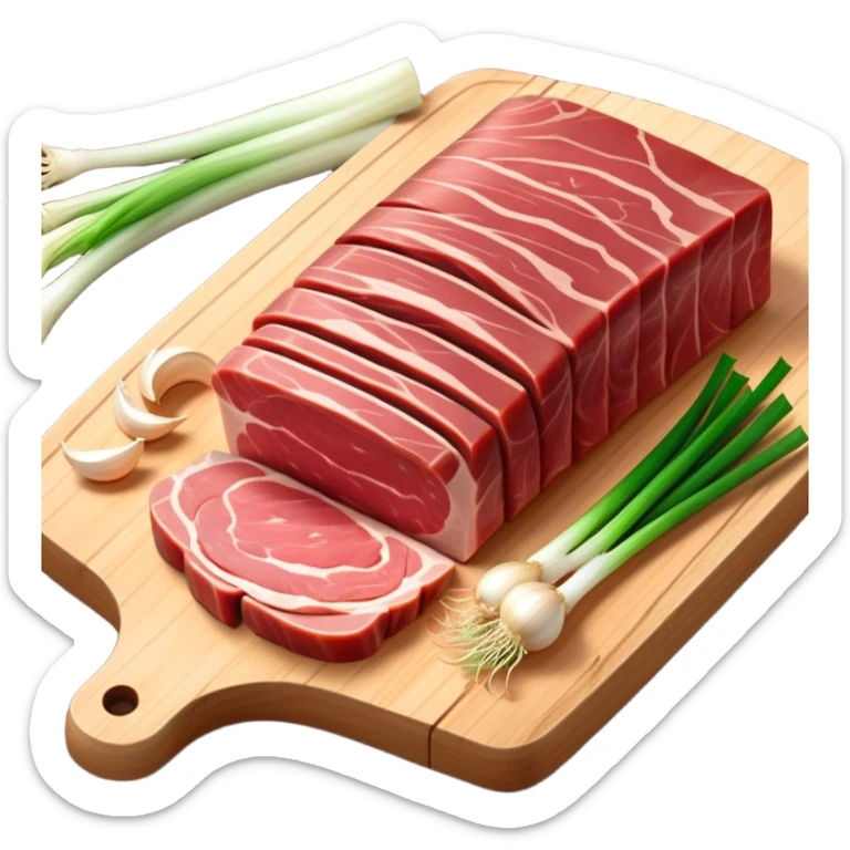 Create an emoji-style illustration of salo (Ukrainian pork fat) in the style of Apple iOS emojis.
The salo should be sliced, slightly glossy, with visible layers of fat and meat. Include a few slices on a wooden cutting board, optionally with garlic or green onion.
Style should match iPhone emoji aesthetics — clean, slightly 3D, soft gradients, no outlines.
Transparent background. High resolution. PNG format. sticker