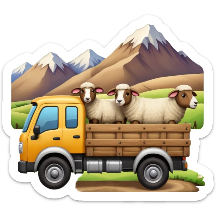 Cartoon 3D emoji of a Peruvian rural truck transporting sheep in the back, wooden cargo bed, Andes mountain landscape, dusty countryside road, glossy finish, bold outlines, vibrant natural colors, sticker design, transparent background sticker