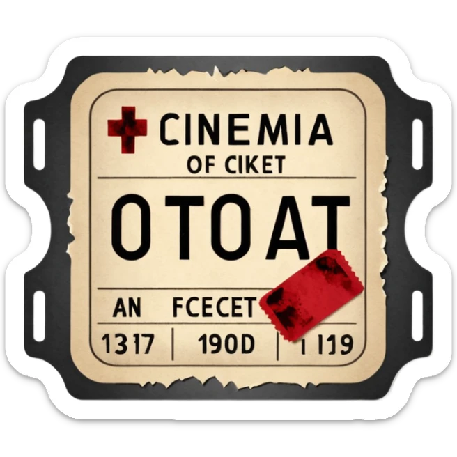 Minimalist emoji-style sticker of an old torn cinema ticket, with faded text “1 билет”, blood-stained edges and burn holes, grayscale paper

 sticker
