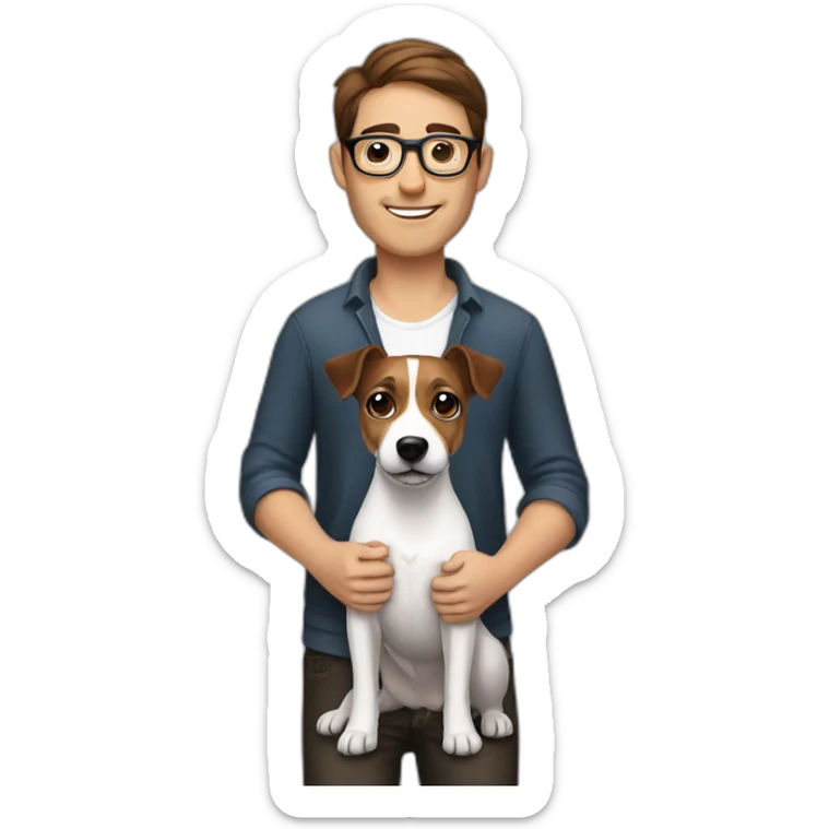Man with modern cut brown hair with glasses with jack russell terrier dog sticker