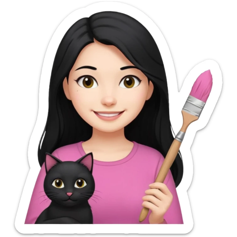 Painting women. smilling   Long black hair,  lunette peinture top pink, pinceau with is black cat  sticker