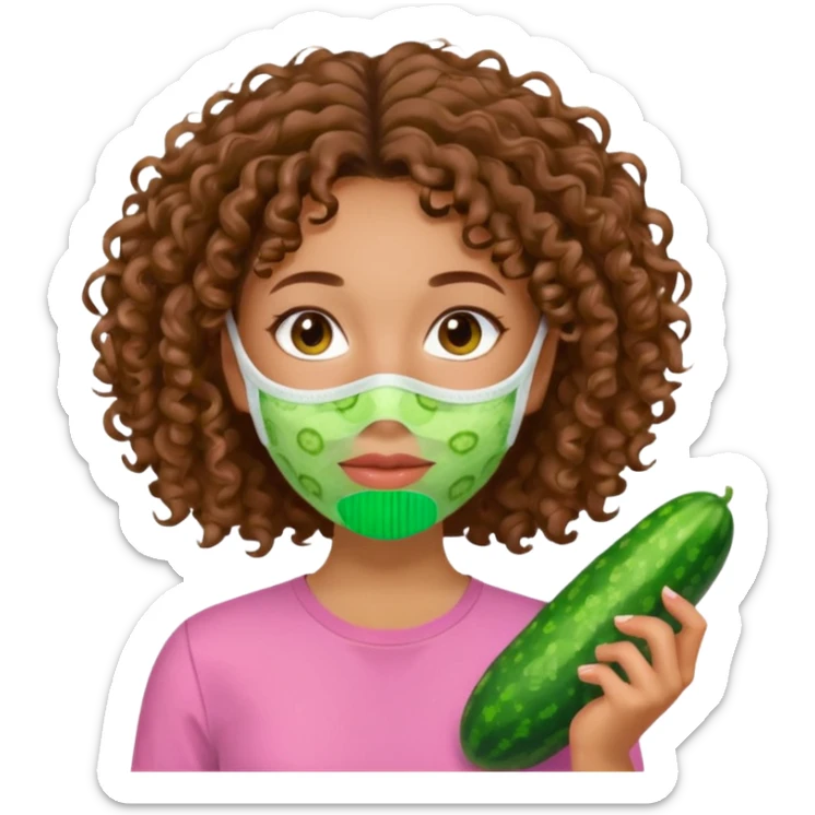 lightskin girl with green skincare facemask and cucumbers and brown curly hair and a pink shirt  sticker