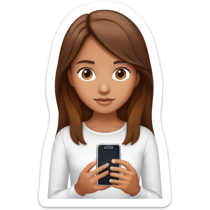 girl with long brown hair wearing a white top holding a smartphone sticker