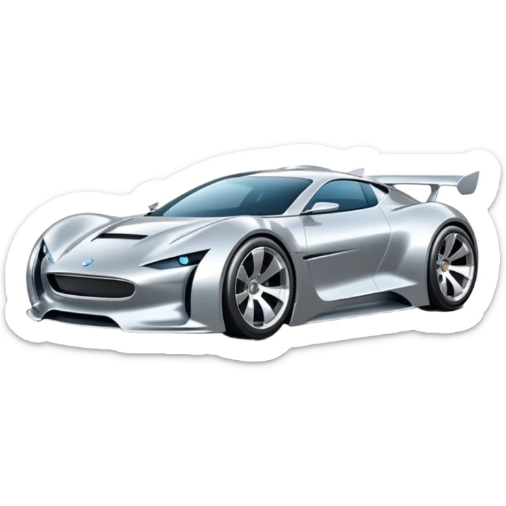 A low-profile futuristic car emoji made of polished silver chrome, wide body stance, smooth aerodynamic shape, glossy metallic surface, soft reflections, luxury swag aesthetic, minimal details, iOS emoji style, centered on clean white background, studio lighting sticker