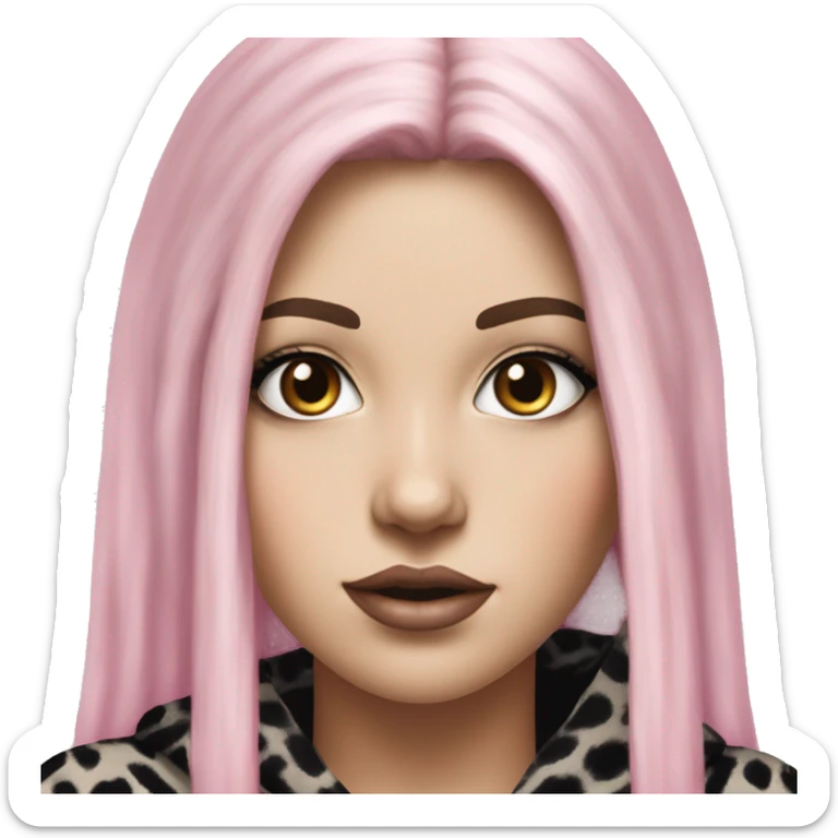 Hyperrealistic white girl with long black hair with a pink fringe and has eye makeup on, she is wearing a black and leopard print hoodie  sticker