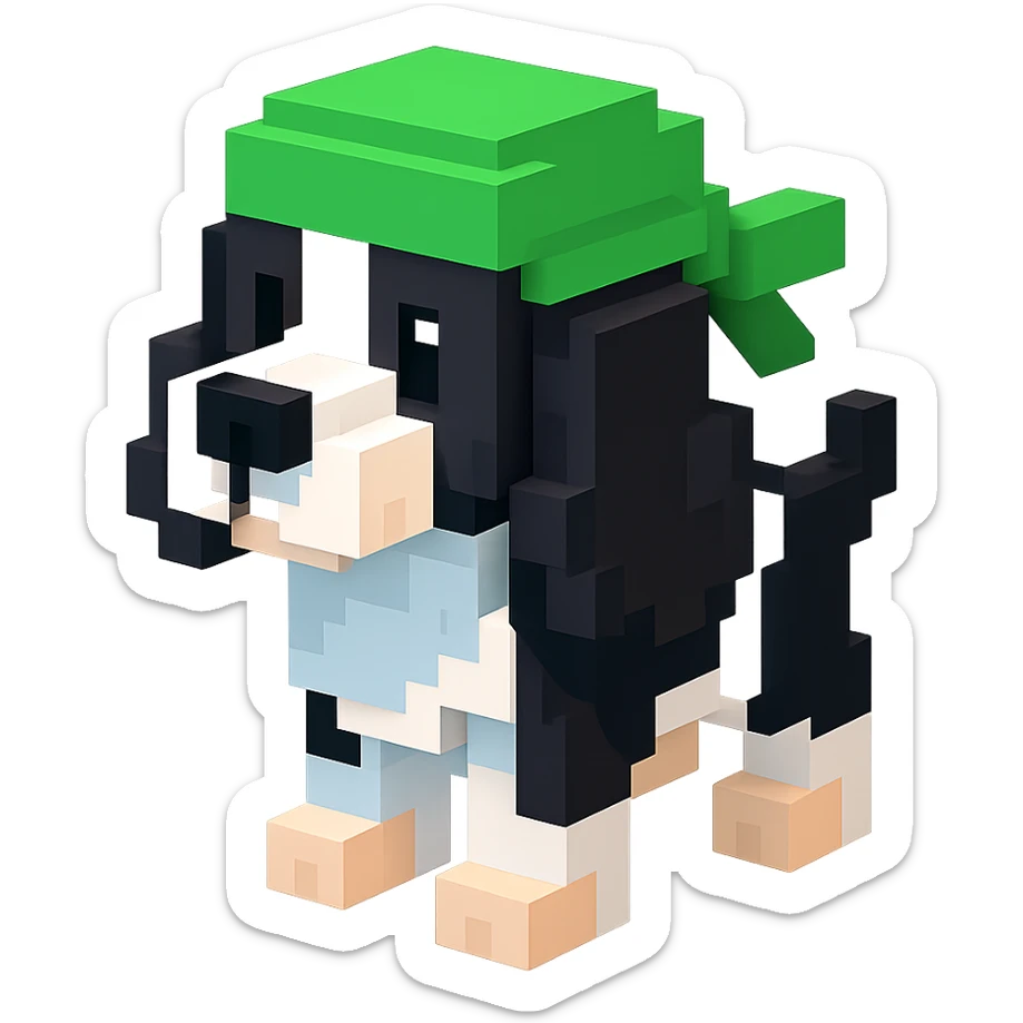 A black and white Russian Cocker Spaniel puppy wearing a green durag, facing left sticker
