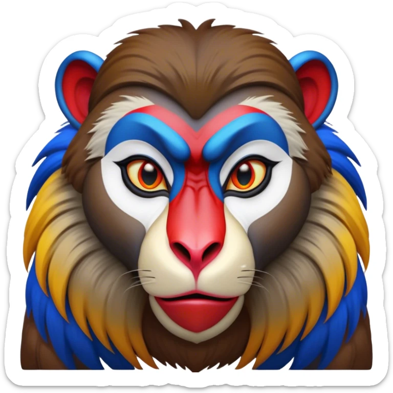 Cinematic Noble Mandrill Portrait Emoji, Poised and regal, with a striking, powerful build and a vivid, multicolored face accented by bold blue, red, and yellow hues, deep-set soulful eyes, Simplified yet sharp and sophisticated features, highly detailed, glowing with a vibrant, dignified glow, high shine, intelligent and commanding, stylized with an air of exotic majesty, focused and attentive, soft glowing outline, capturing the essence of a watchful and confident primate, so majestic it feels as though it could step out of the screen with effortless authority! sticker