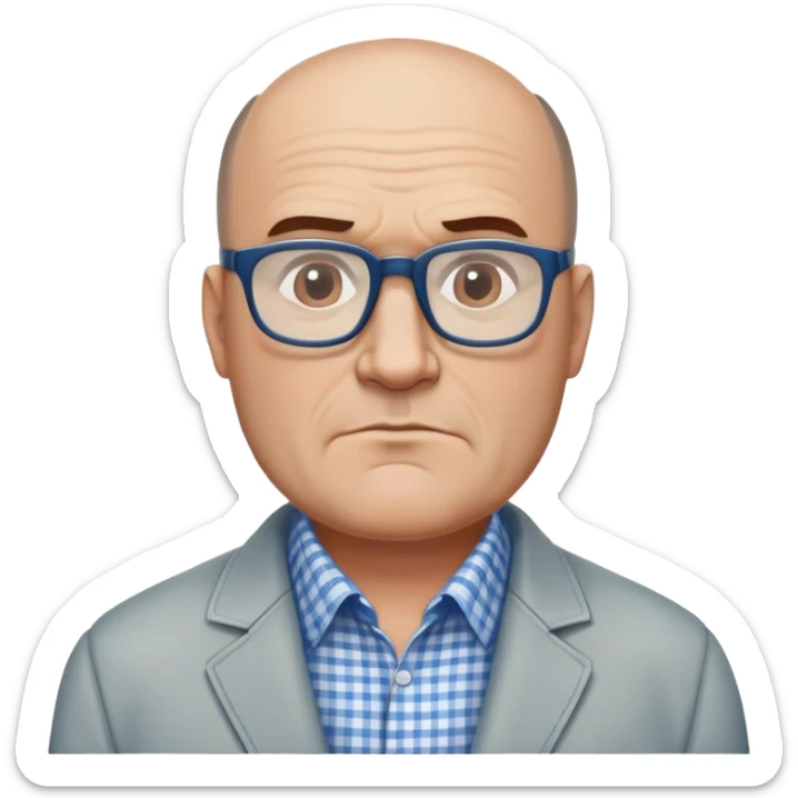 50-year-old heavyset man with wide face and prominent square jawline. Hair only on top of head with completely bald sides (horseshoe pattern baldness). Large dark square glasses. Serious-relaxed expression. Light gray jacket that fits his larger frame, white shirt with blue checkered pattern. sticker
