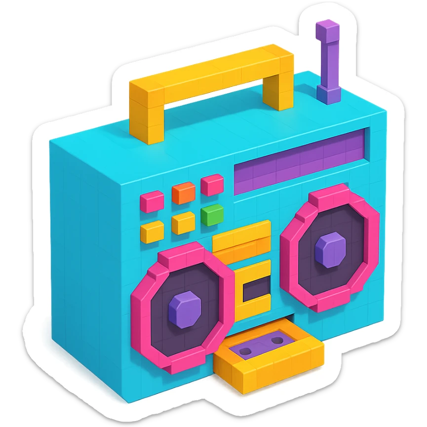 retro boombox with detailed buttons, cassette player, and large speakers sticker