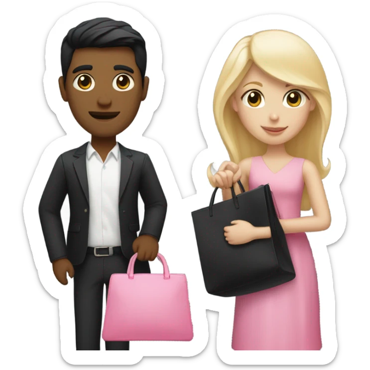 Tender couple blonde girl with black dress and pink bag, straight man black hair a little dark sticker