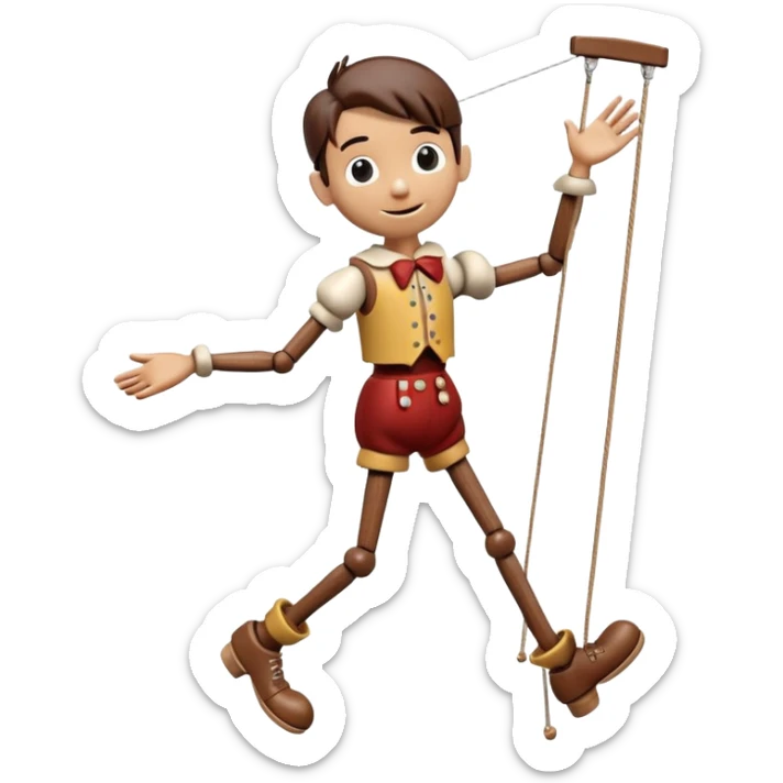 3D render of Pinocchio Boy as a wooden marionette puppet, Long nose, wood grain skin, strings, silver metal screw joints at elbows and knees, polished brown wood texture, rigid toy pose, Apple emoji style, isolated on white background --v 6.0. sticker
