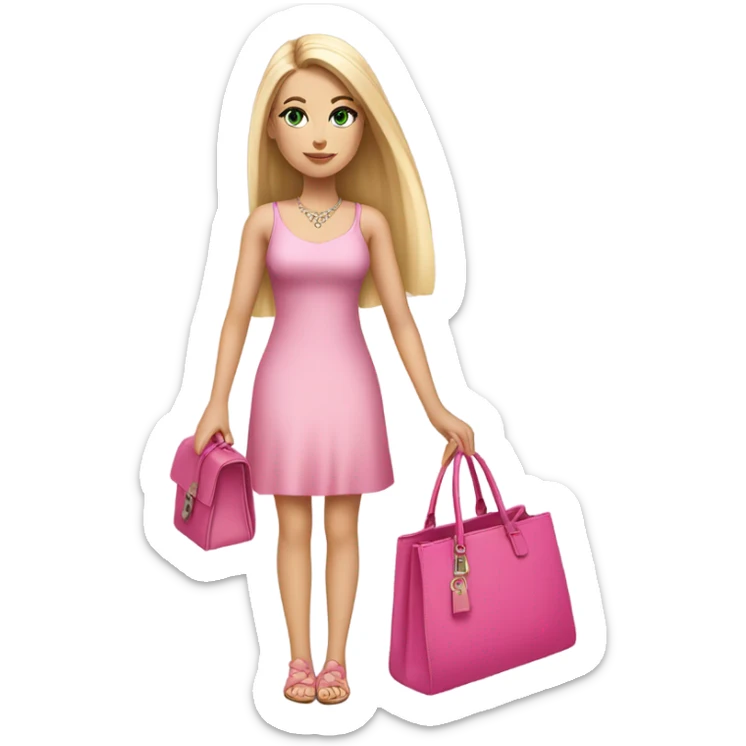 Realistic White girl with Long straight blonde hair, green eyes, tattoos, full body wearing pink dress, holding pink handbag sticker