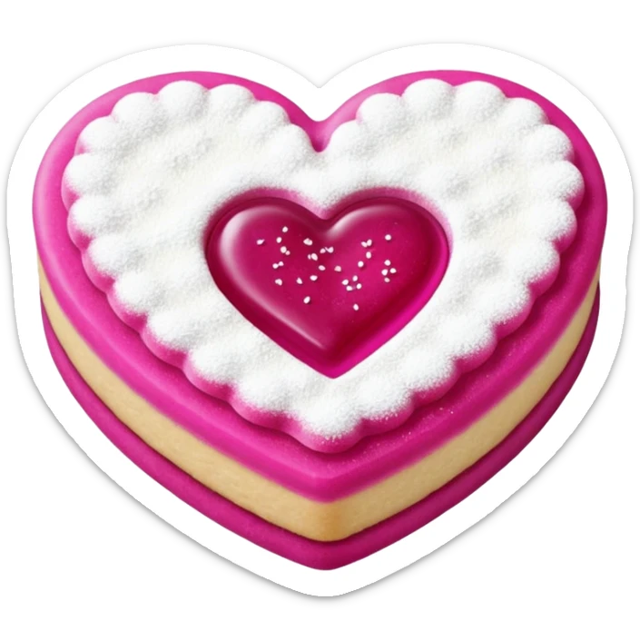 Realistic shortbread cookie in the shape of a heart with Fuchsia color jelly middle filling and sprinkled powder sugar on top. sticker