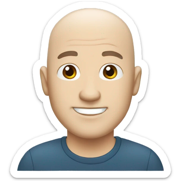 Cartoon character in Bitmoji style white bald shaved male, around 40 years old The character is wearing a blue cap sticker