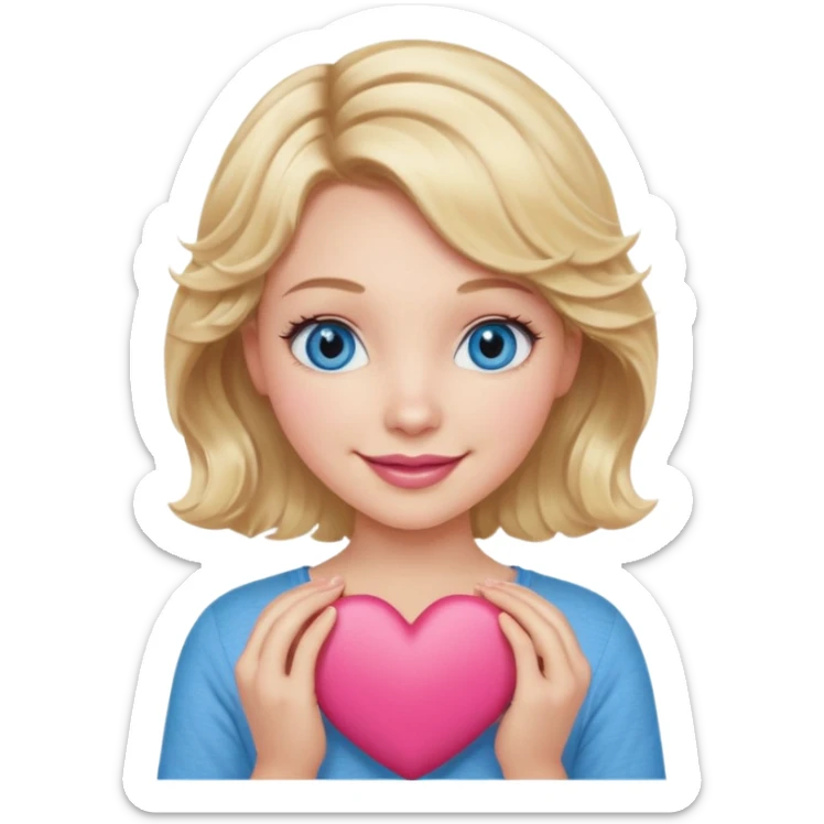 Girl Blonde short wavy hair,  blue eyes, cute blue top, long lashes, pink lips, smiling, holding a big heart sticker