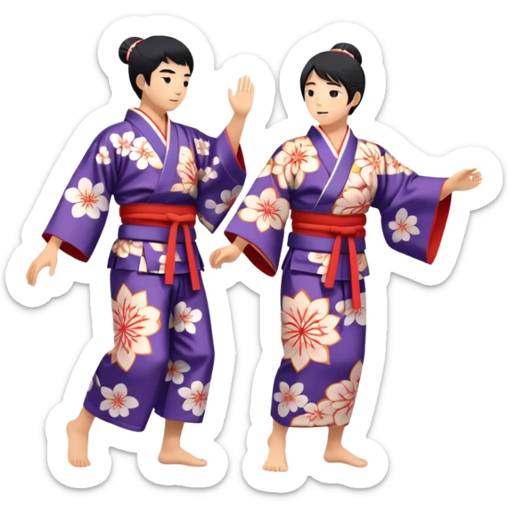 Cinematic Realistic scene of two performers engaging in Bon Odori, dressed in traditional yukata with intricate summer patterns, captured in graceful, rhythmic motion with warm, festive lighting sticker