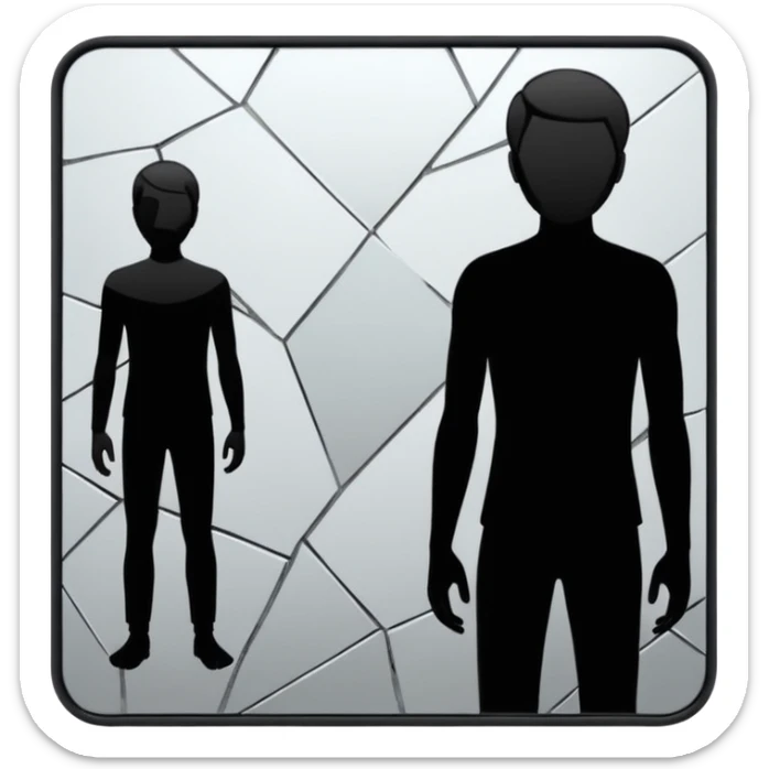 Minimalist emoji-style sticker of a person standing in front of a cracked mirror. The mirror shows a dark shadowy silhouette or distorted figure instead of a reflection. Flat black and white design with muted gray tones. No text. Bold, clean lines. Square composition. No shading or gradients. sticker