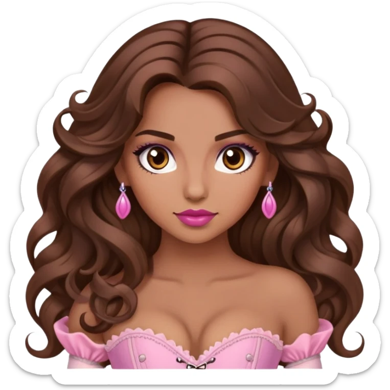 Une femme à la peau mat et aux cheveux long, châtain et ondulé. Elle a les yeux marron et elle est maquiller, elle porte un corset rose.  sticker
