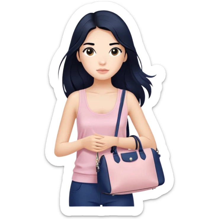 Girl with long black hair wearing soft pink tank top and sling navy blue longchamp bag sticker