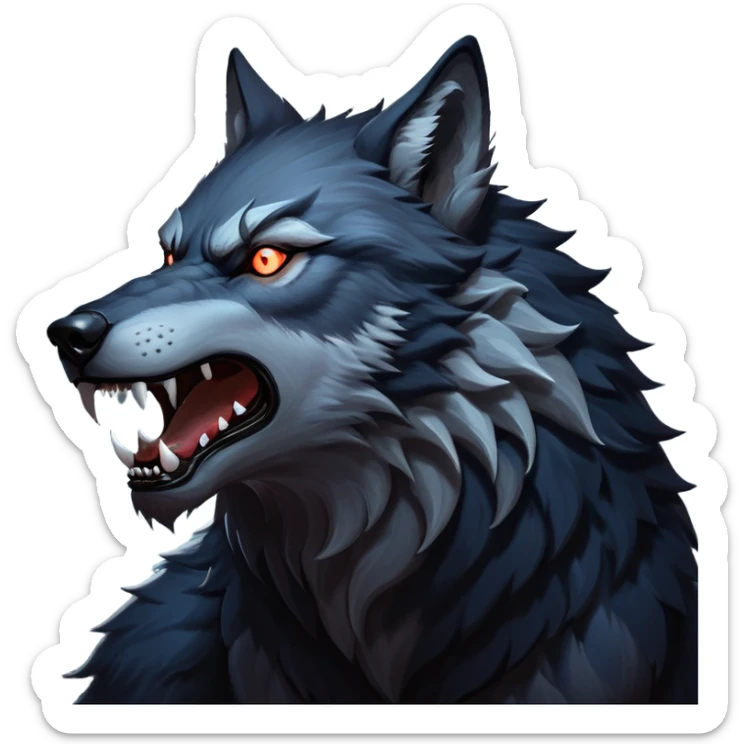 cinematic-noble-fierce-werewolf-howling-portrait-emoji, poised-and-imposing, with a fierce wolfish face tilted upwards in a haunting howl, glowing eyes full of primal ferocity, sharp, and a rugged snout, fur rippling in shades of midnight black and silver, muscles tensed as the powerful howl echoes beneath the moonlit sky; rendered with realism, capturing the raw, untamed power of the beast in its wild, primal state sticker