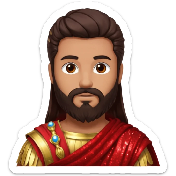 Mars from Roman Deities with long dark brown hair and beard, red sequin toga, light tan skin sticker