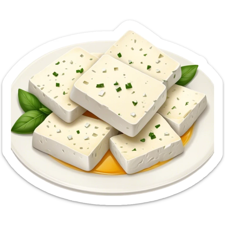 Feta Cheese Cinematic Realistic Feta Cheese Dish Emoji, depicted as slices of tangy, creamy feta cheese served on a plate, rendered with crisp textures and soft, natural lighting. sticker