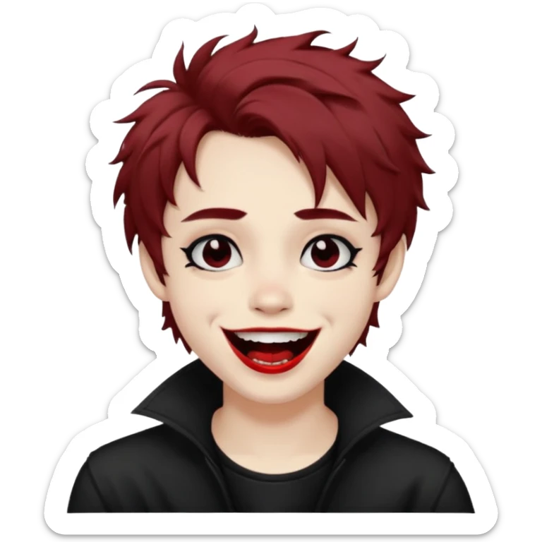 Laughing pale Goth boy with piercings, with shaggy brown hair, and messy black eyeliner , smudged, red, lipstick  sticker