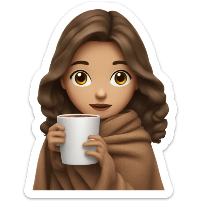 girl inside brown hair, doll eyes, a blanket sipping hot  chocolate, small  sticker