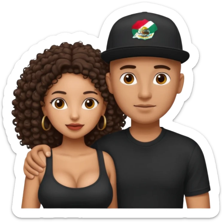 A picture of a tanned couple embracing. the guy is Mexican, with a bald hair cut and he has a SnapBack hat on. The girl is mixed, the girl is wearing a black shirt, the girl has brown curly big hair and the girl has big boobs  sticker
