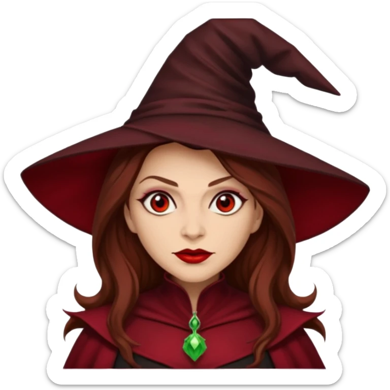 Wicked Witch of the East from the Wizard of Oz with light skin, red eyes, brown long hair, dark red outfit sticker