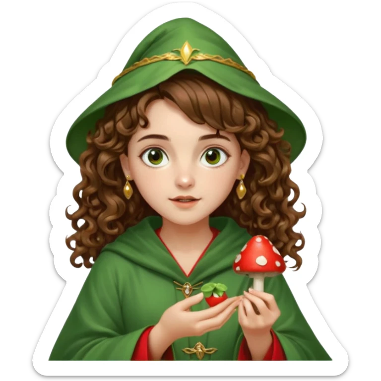 very beautiful italian girl, looking like Emma Watson, with curly and big volume very bright brown hair, and a golden piercing ring in nose on left side, dressed in a beautiful wizard robe of green colors, holding red fly mushroom sticker
