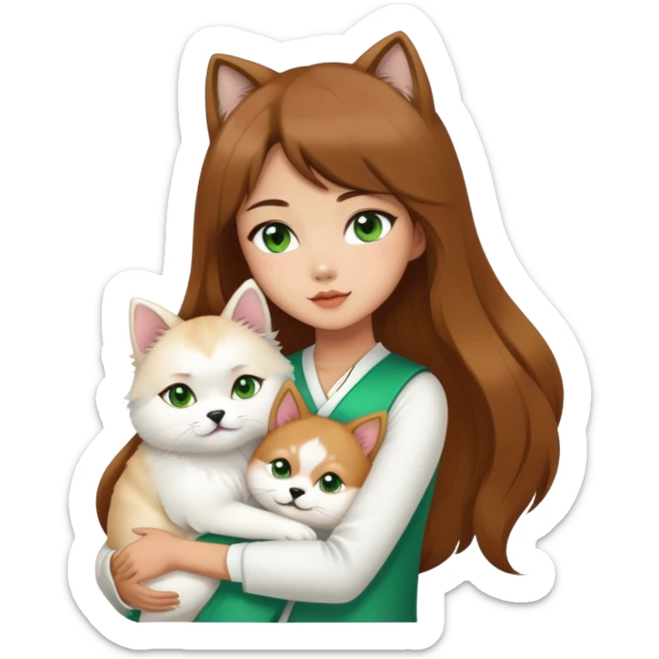 chinese fashion girl has brow hair hugging A Shiba Inu and a long-haired white Persian cat with green eyes. sticker
