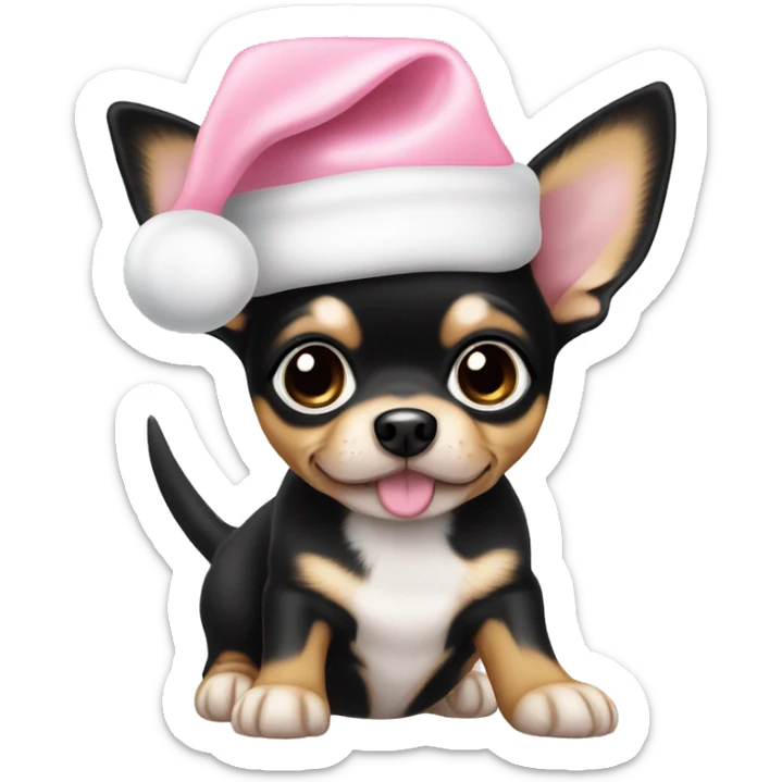 black & tan Chihuahua puppy full body light blue eyes pink christmas hat on sticker
