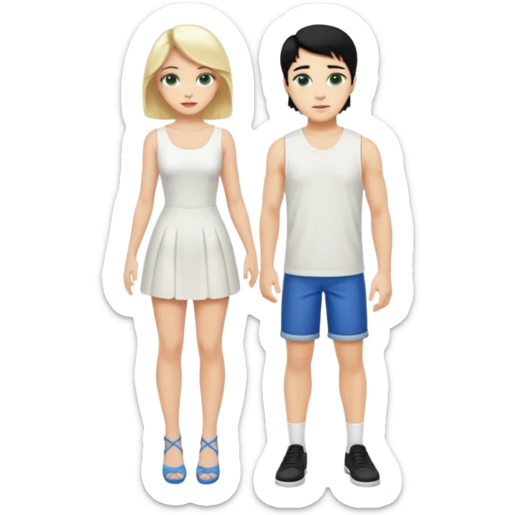 Prince, black hair, body, legst, blue eyes, shoes, woman blonde hair, green eyes, sexy white short sleveless dress, shoes sticker