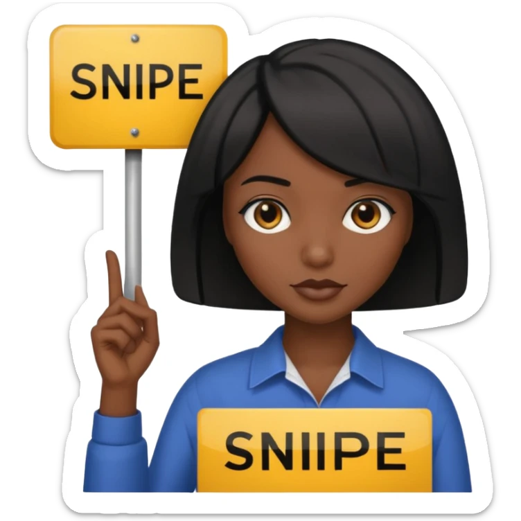 Dark skin woman with black bob in hair holding sign that says snipe  sticker