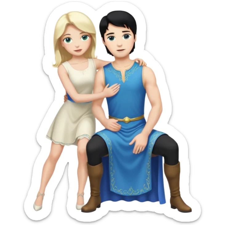 prince, upright, black Hair, blue eyes, Woman, blonde Hair, Green eyes, bending knee, sleveless White Dress, sticker