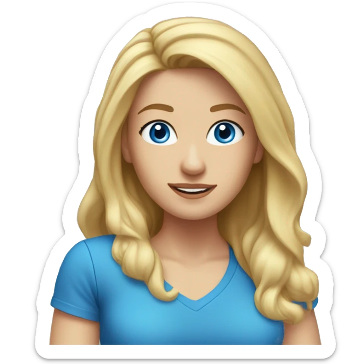 A head and shoulders shot of a 34 year old Caucasian woman, with long blonde hair,   with blue eyes wearing a t-shirt. sticker