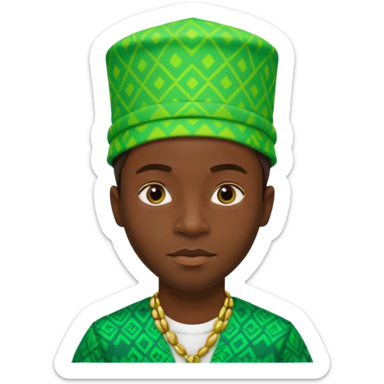 Create me an emoji of a cool Young Nigerian prince wearing a neon green gradient African patterns with "hula hat" (a Nigerian-inspired hat).  sticker