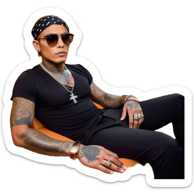 A stylish, tattooed man with sunglasses sits confidently in the backseat of an orange interior luxury car, resembling a Rolls-Royce, under a glowing starlit ceiling. He wears black bandana-print pants, a black shirt, and accessorizes with bracelets and a watch. The ambiance is sleek and high-end, giving off a celebrity lifestyle vibe. Next to him, Kylie Jenner sits with a glamorous and confident expression, dressed in a fashionable outfit, exuding wealth and star power. Both are relaxed, embodying luxury and exclusivity in a VIP setting sticker