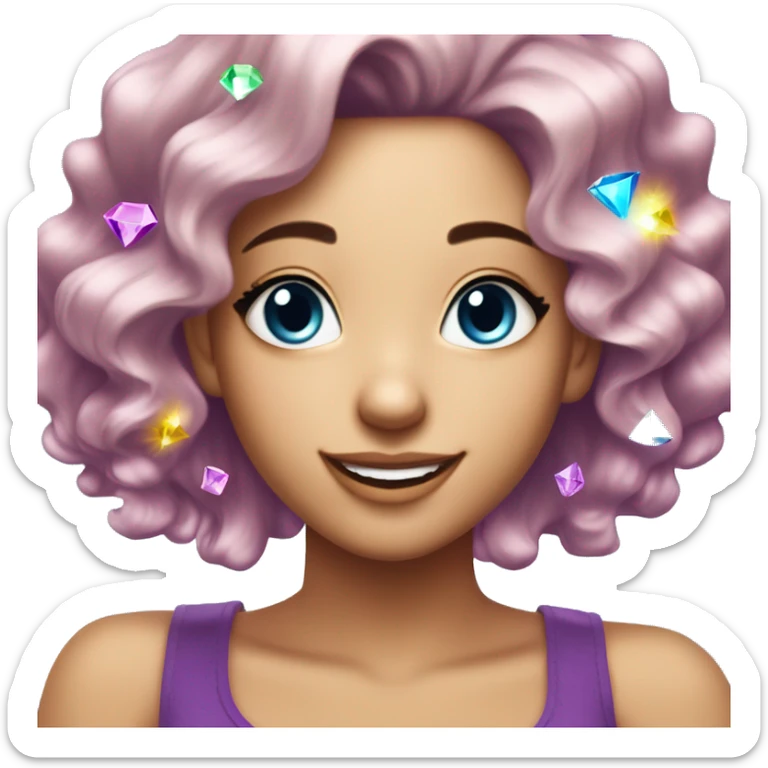 one girl with purple diamond hair made from purple crystals or diamonds or jewels, she is feeling happy and elated and excited, make her hair shiny with prisms and angles and edges, now make her hair crystallized, make her hair only crystals and gems sticker