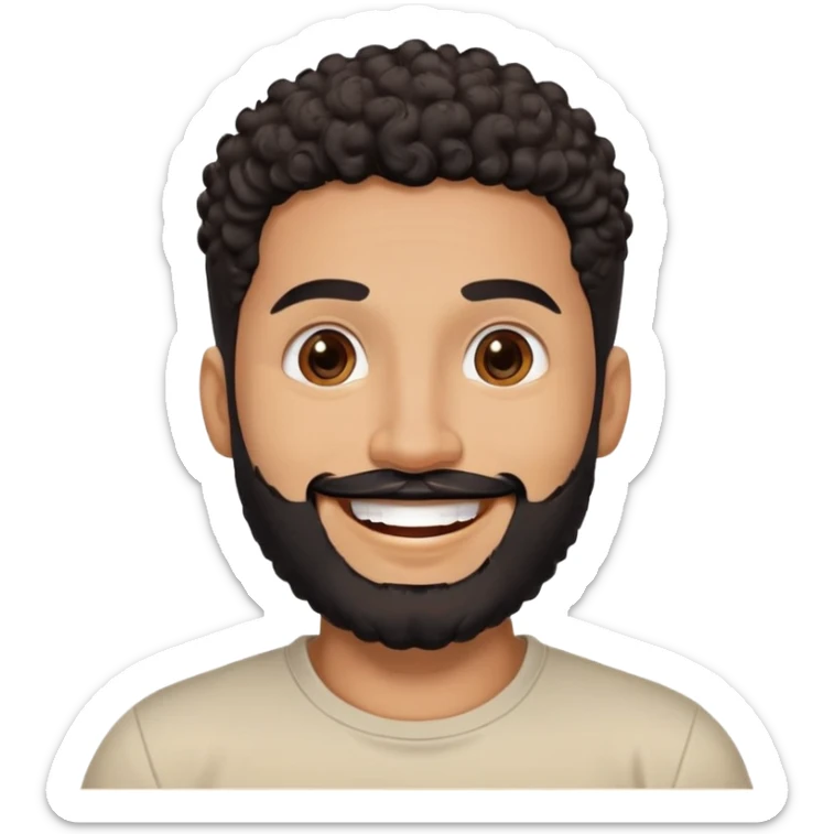 Latino man in his late 30s with warm brown skin. Round face. Big bright smile showing joy. Lively dark brown eyes. Thick defined eyebrows. Short tight curly black hair with fade on sides. Full black beard, neatly trimmed. Wearing a light beige round-neck t-shirt. sticker