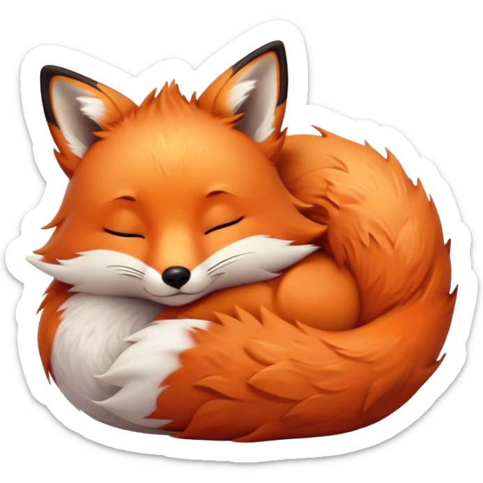 Cinematic cute sleepy fox, curled into a cozy fluffy ball, warm glowing fur, tiny black nose resting on its tail, soft breathing visible, peaceful and charming. sticker