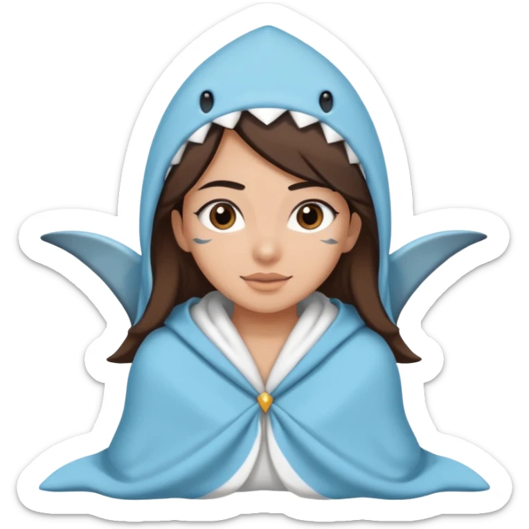 Egyptian-haired girl with black eyebrows, brown hair, Iranian descent, wearing a shark costume with a blanket. sticker