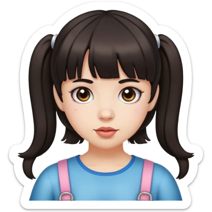 a girl with bangs and two pigtails on the sides, dark hair and white skin sticker