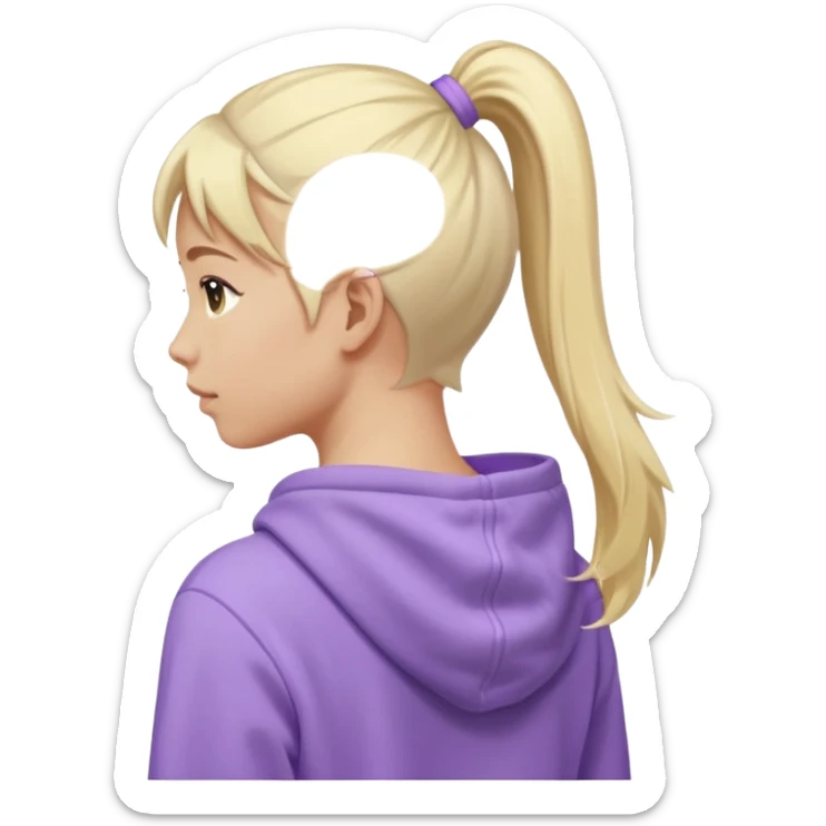 back view of a person with a high light blonde ponytail, wearing a pastel purple hoodie, iOS Apple emoji style sticker