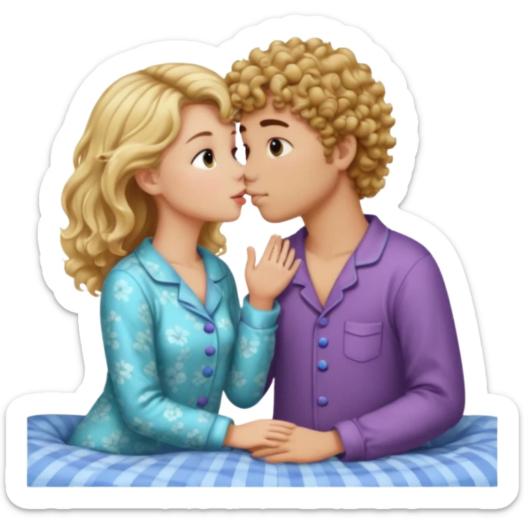 Blonde straight hair girl and brown curly haired boy kissing in pajamas sticker