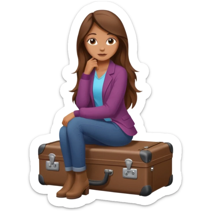 The sticker is a realistic beautiful woman with long brown hair, sitting on a suitcase, a cartoon-style vector illustration created using Procreate --chaos 25 sticker