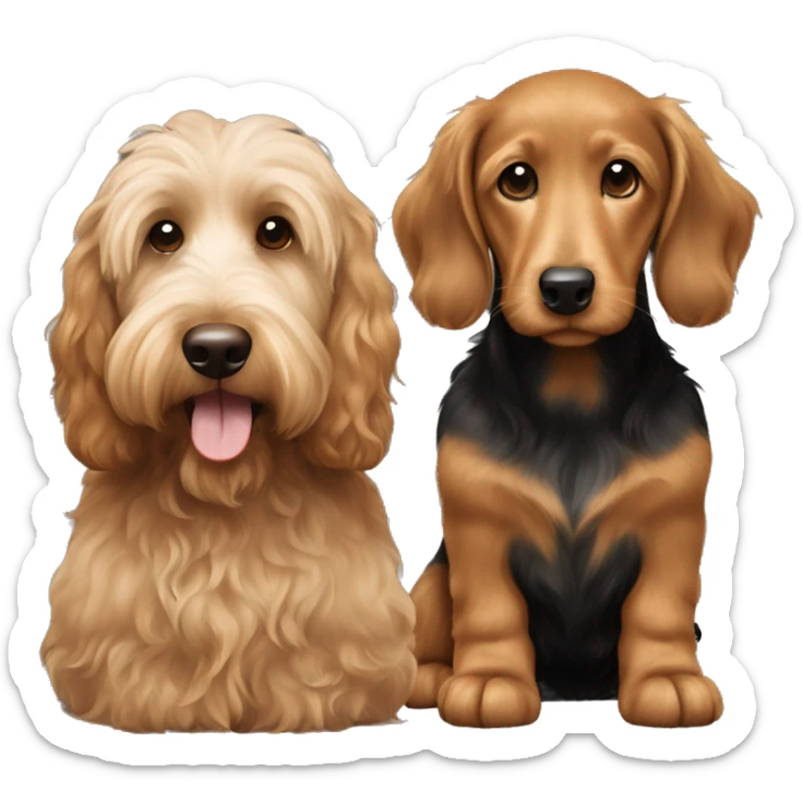 Brown golden doodle and black and tan and cream longhair dachshund sitting together  sticker