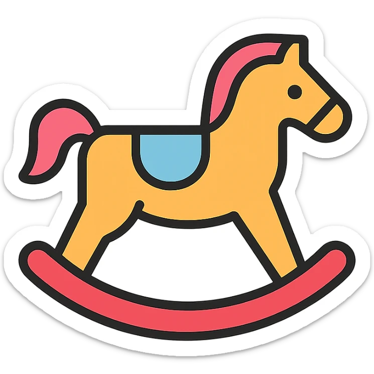 rocking horse, color outline icon style, playful colors with black outlines, minimal details sticker