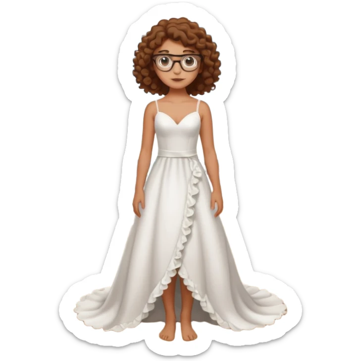 Chica blanca, pelo rizado, gafas, vestido novia playa cuerpo entero, pelo castaño sticker